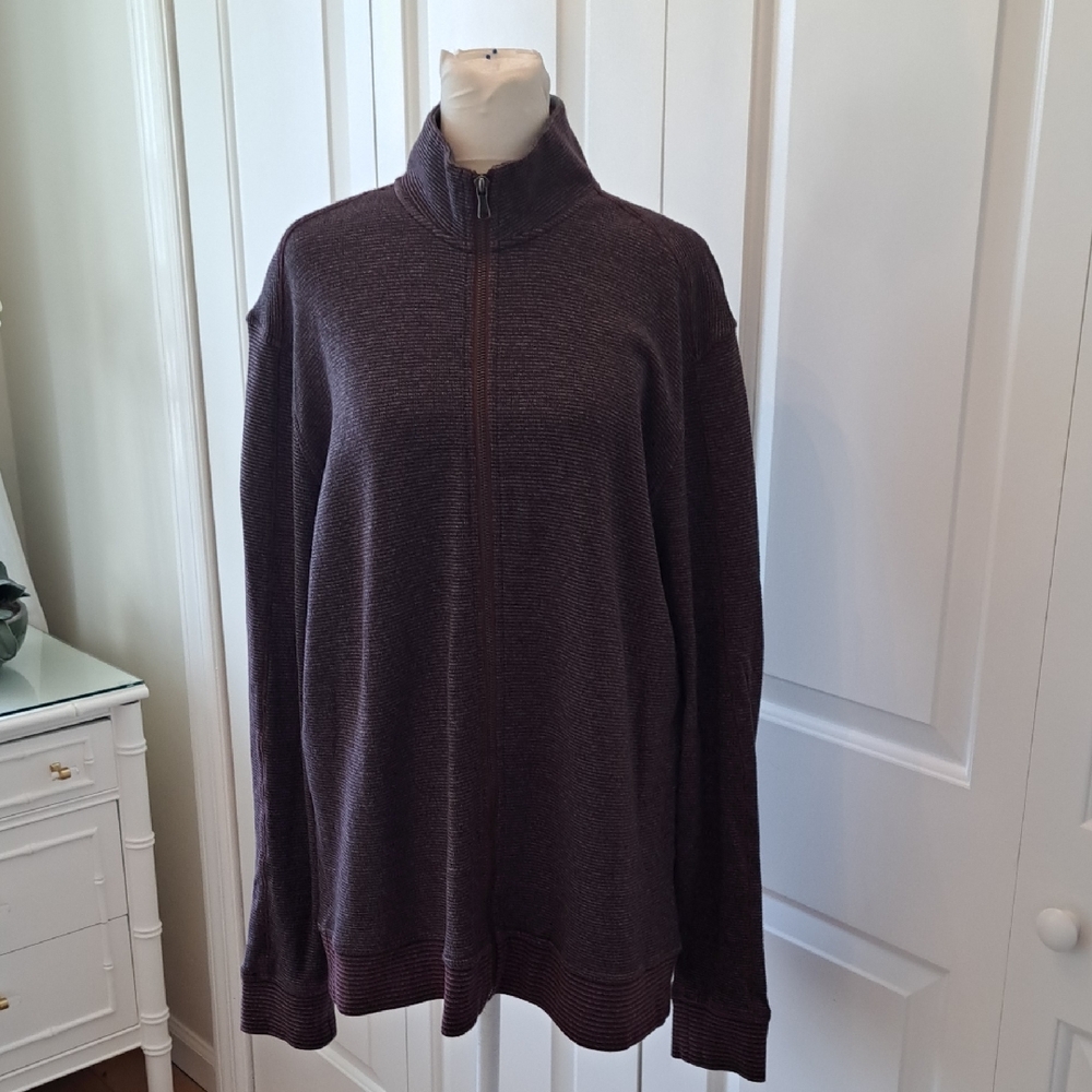 Robert Graham Mens Grey/Maroon Thin Striped Zip Up Cardigan Cotton‎ Sweater XL